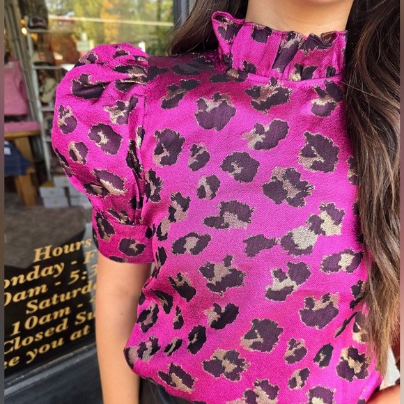 entro Tops - Pink Metallic Leopard Print Puff Sleeve Top